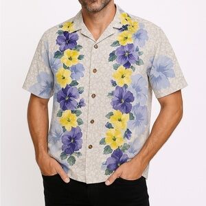 Tommy Bahamas Silk Tropical Purple Iris Floral Button Up Shirt Size XL